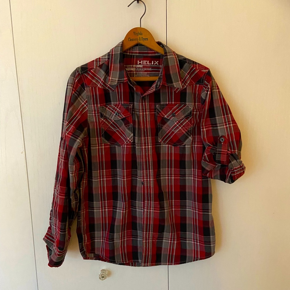 Helix Boy’s Red and Black Plaid Button Up Shirt, Long or rolled sleeves, size XL